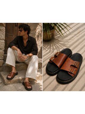 Dr. Martens Dax Luxor Leather Slide Sandals Tan Brown Men's US 7 Women's US 8